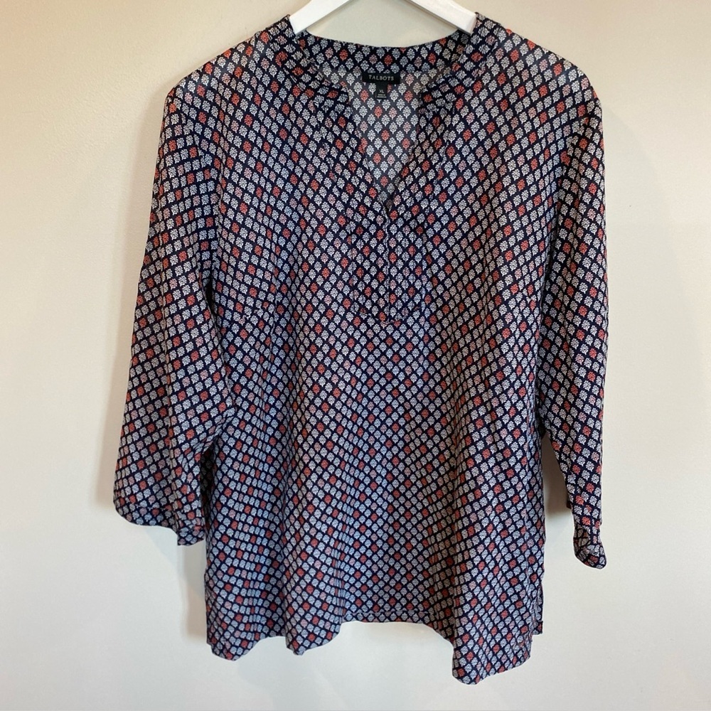 Talbots Womens Black Red 100% Cotton Semi sheer 3/4 Sleeve Blouse Size Xl V Neck